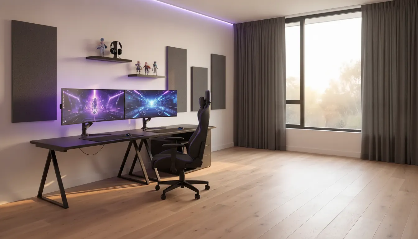 After: Triple monitors, purple strip, acoustic panels