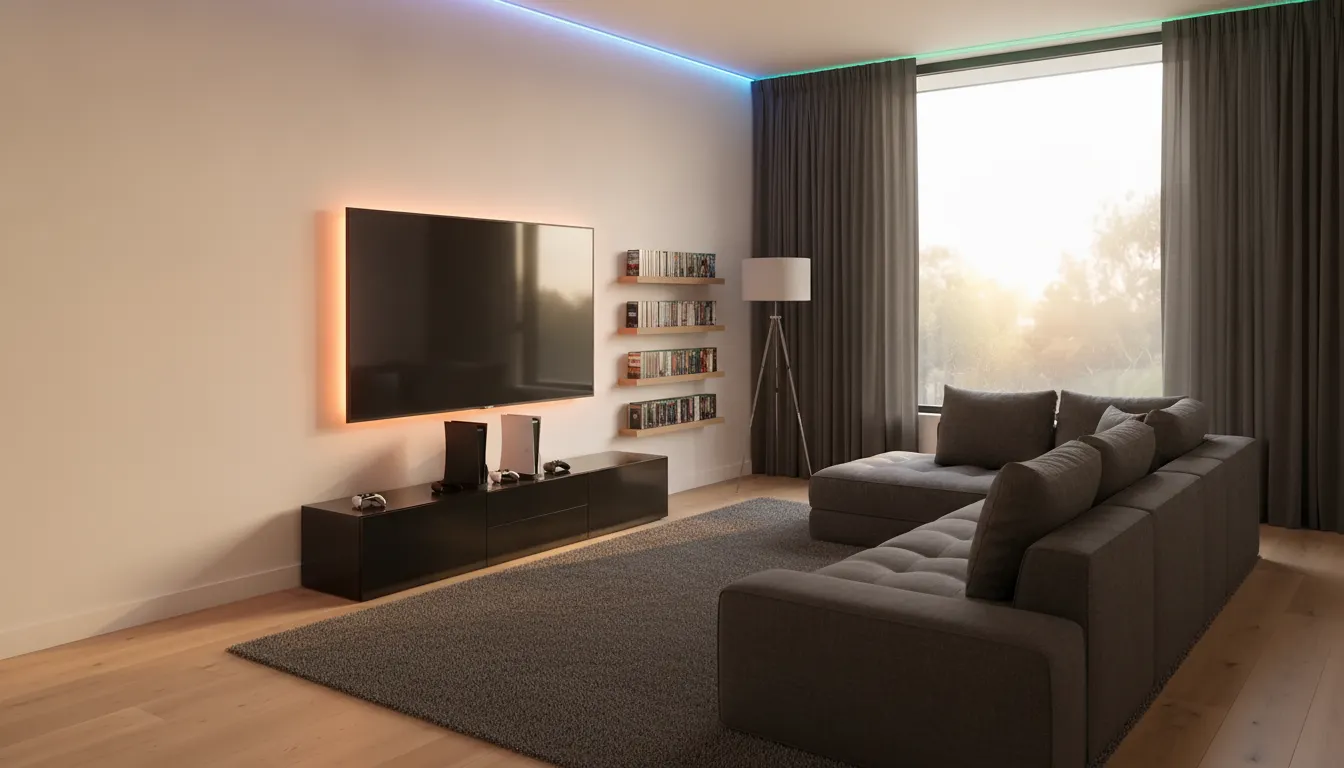 After: Big TV, backlight, sectional