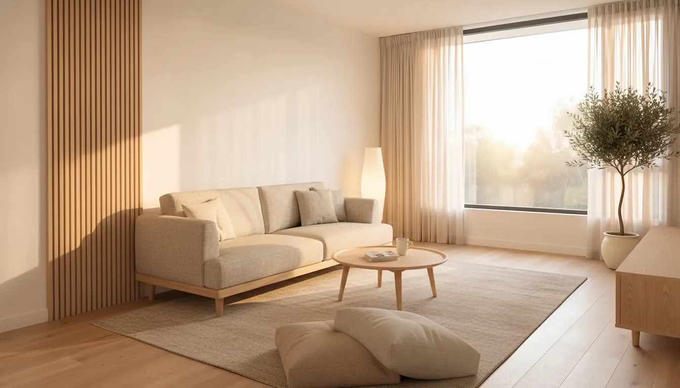 After: Low sofa, floor cushions, slat wall