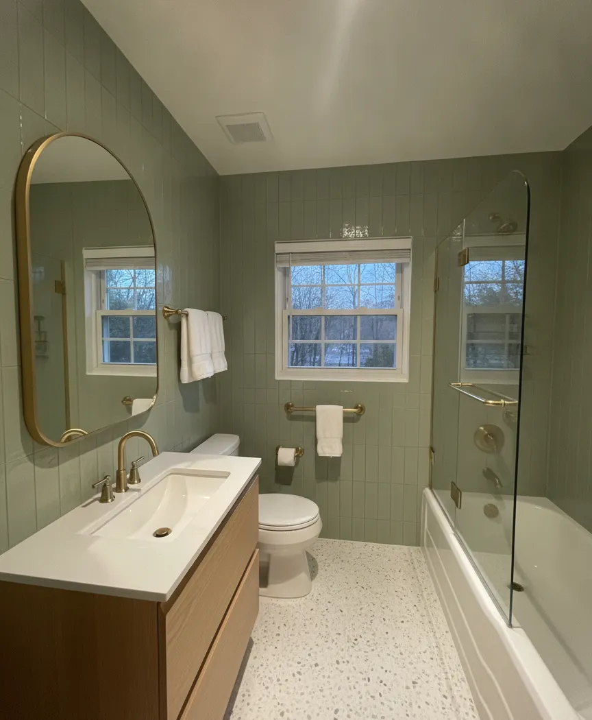 After: Sage green, oak and brass
