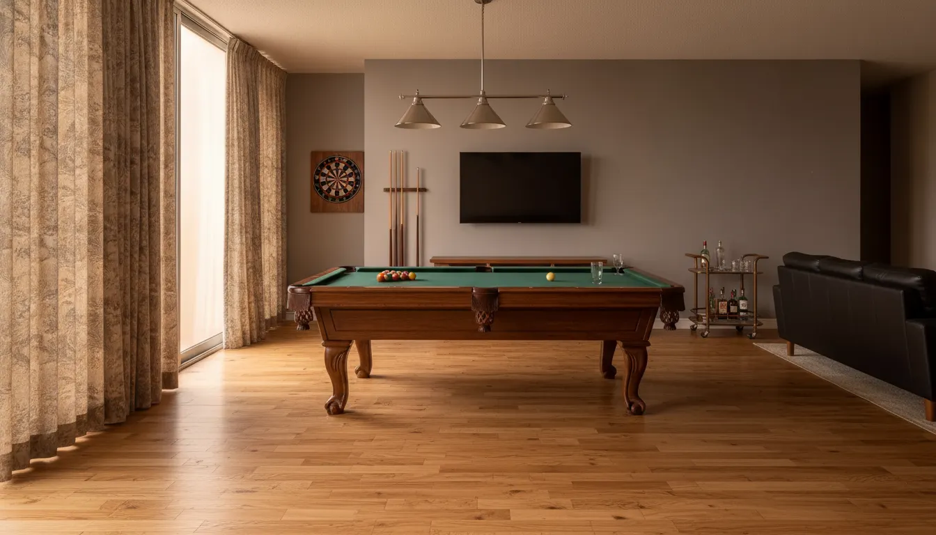 After: Pool table, dart board, bar cart
