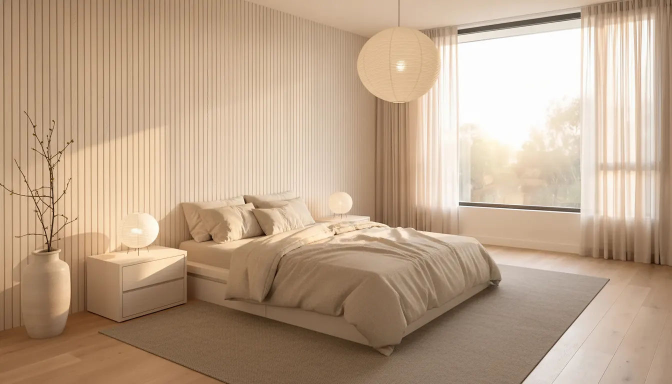 After: White oak platform bed, oatmeal linen