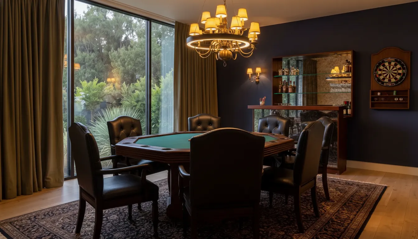 After: Octagonal table, leather chairs, a bar