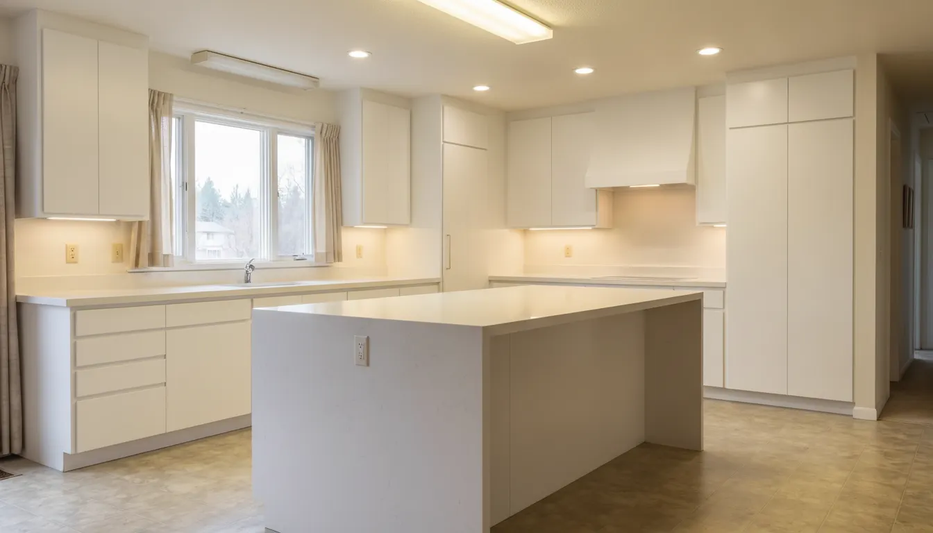 After: Handleless white, waterfall island