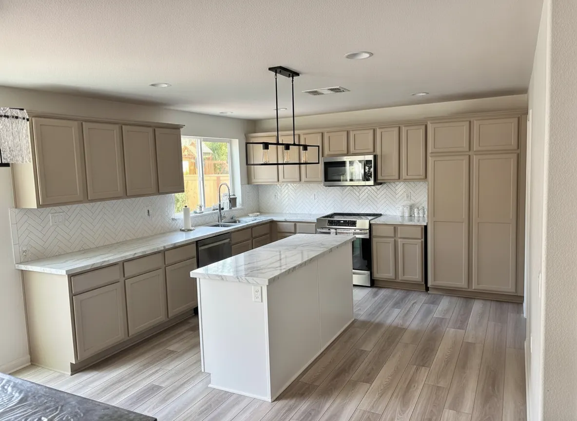 After: Greige on the same doors, one linear pendant