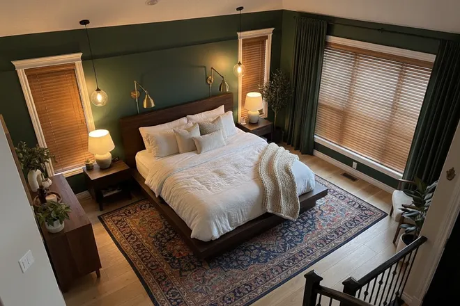 Moody green bedroom render