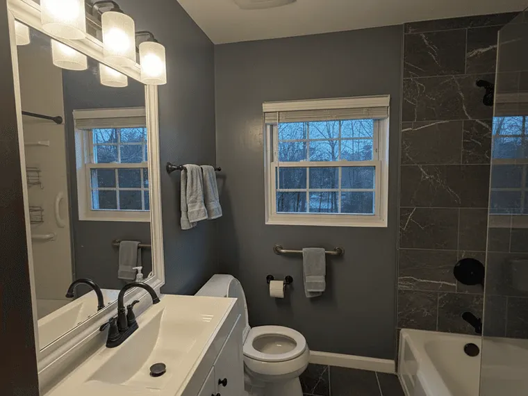 Bathroom renovation idea: dark moody modern bathroom with charcoal tile
