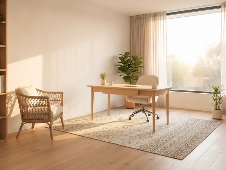 Sunroom home office idea: light oak desk facing a big window, cream chair, rattan armchair, bookshelf and plants
