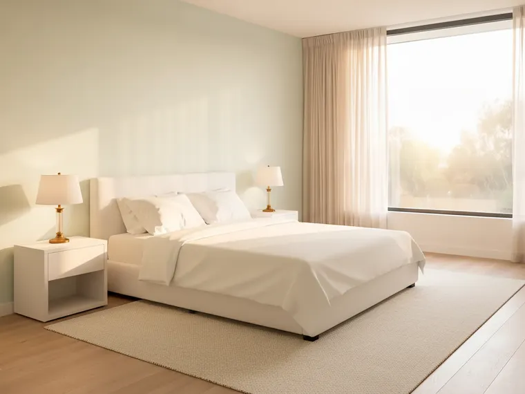 Light green bedroom idea: pale mint green walls, white upholstered bed, white bedside tables and brass lamps