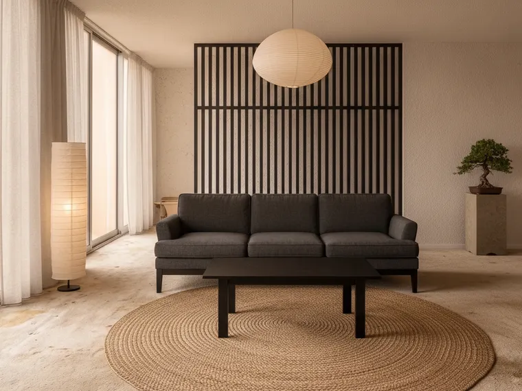 Japandi living room idea: charcoal linen sofa, a tall black oak slatted screen, a round jute rug and a bonsai on a stone plinth