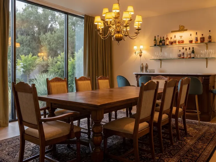 Dining room home bar idea: the sideboard replaced by a dark wood bar cabinet with a marble top, lit glass shelves of bottles above it and two bar stools, table and chandelier unchanged