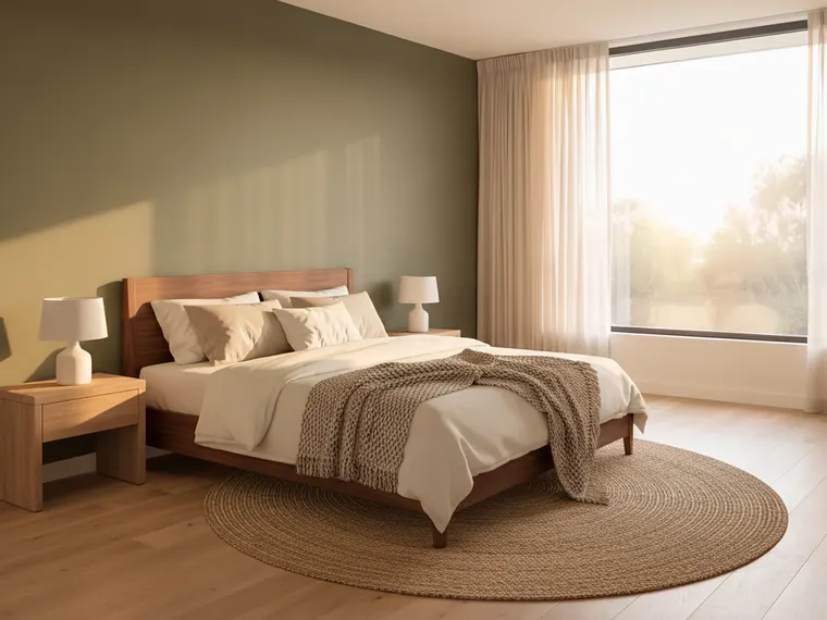 Green accent wall bedroom idea: olive green wall behind a walnut bed, other walls white, jute rug