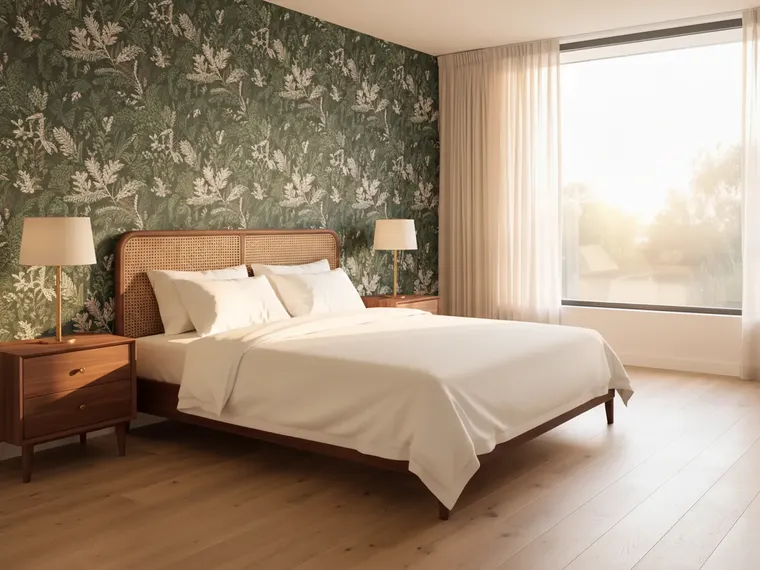 Green bedroom wallpaper idea: dark green botanical wallpaper behind a cane bed, other walls white