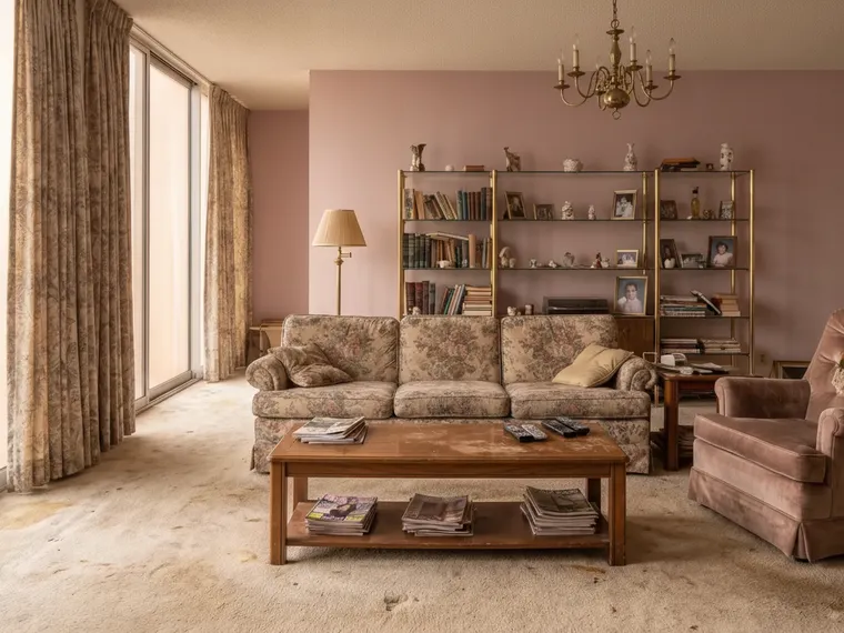 Soft living room paint colour: 1980s living room walls painted dusty blush pink with floral sofa, brass shelves and chandelier kept