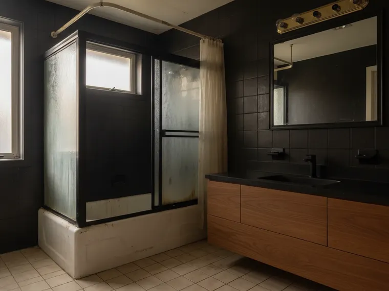 Dark bathroom idea: charcoal wall tile and a floating walnut vanity with the original beige floor kept