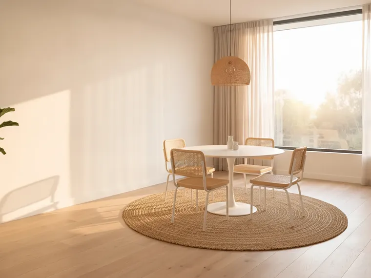Sunroom breakfast room idea: round white table with cane chairs by a big window, rattan pendant and jute rug