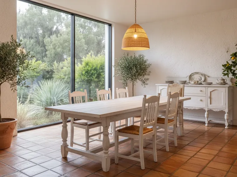Mediterranean sunroom idea: terracotta tile floor, lime-washed white walls, whitewashed table, olive and lemon trees