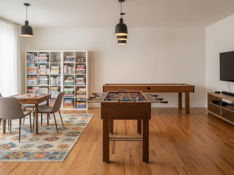 Family game room idea: a foosball table, a shuffleboard table along the far wall, a board-game table by the window and a full wall of board games on shelves