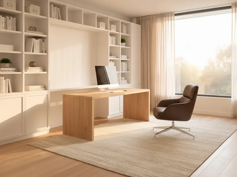 Home office design idea: white floor-to-ceiling built-in shelving and cupboards along one wall with a built-in desk in the middle, leather chair and wool rug