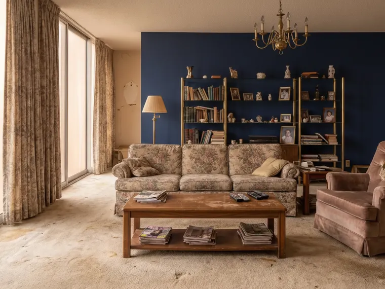 Accent wall colour comparison: back wall of a 1980s living room painted navy blue, floral sofa and brass shelves kept