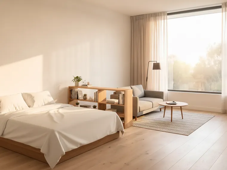 Studio apartment layout idea: a double bed with white linen along the left wall, a low open bookshelf at its foot dividing the room, a small grey sofa facing the window, a round coffee table, a rug and a floor lamp