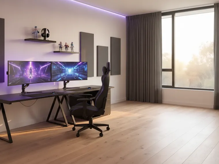 Gaming room idea: black L-shaped desk with three monitors on arms, a purple LED ceiling strip, dark acoustic panels and a floating shelf with figures