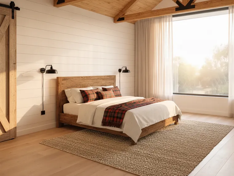 Barndominium bedroom idea: vaulted wood plank ceiling with beams, white shiplap, reclaimed wood bed with plaid bedding, sliding barn door and black iron sconces