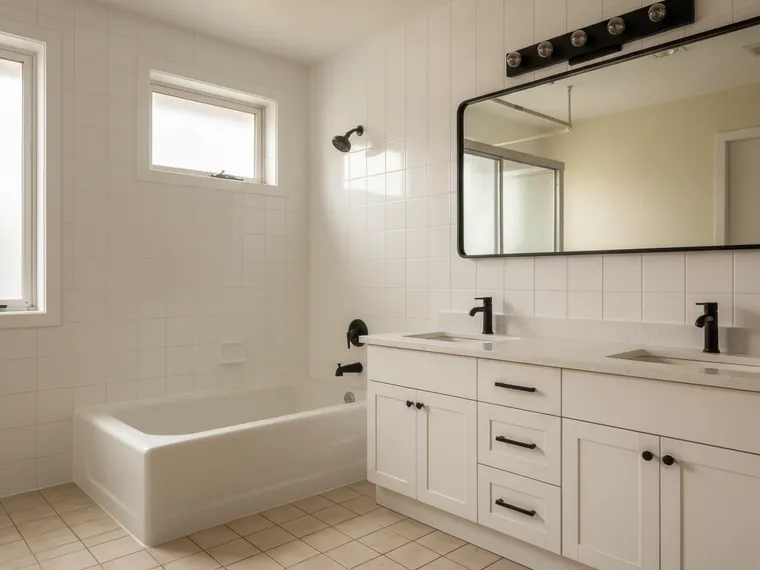 Budget master bathroom refresh idea: the same square tile painted white, a white shaker double-sink vanity with a quartz top, a large black-framed mirror and matte black fixtures