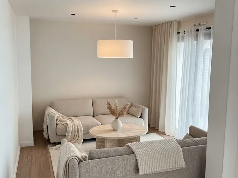 Living room idea: warm minimalist with a boucle sofa and travertine coffee table