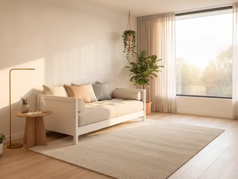 Sunroom reading nook idea: white daybed with linen cushions under a big window, brass floor lamp and a fiddle leaf fig