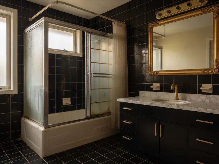 Black and gold bathroom idea on a beige tiled bathroom: black tile, gold-framed shower screen and gold fixtures