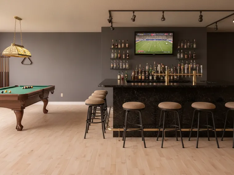 Sports bar home bar idea: long black granite bar with six stools, a TV over a lit back bar with beer taps, a pool table and dark grey walls