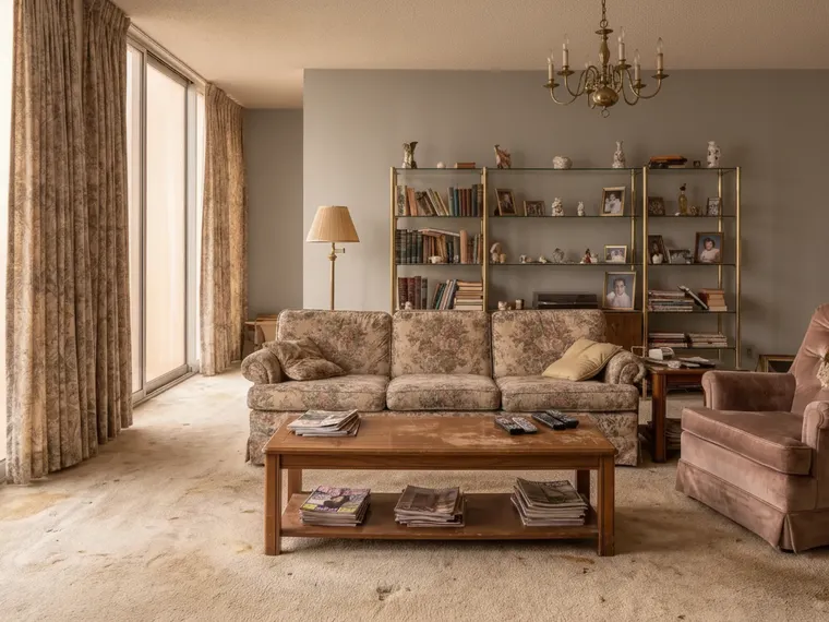 Neutral paint color for a living room: 1980s living room walls repainted warm greige, floral sofa and brass shelves kept