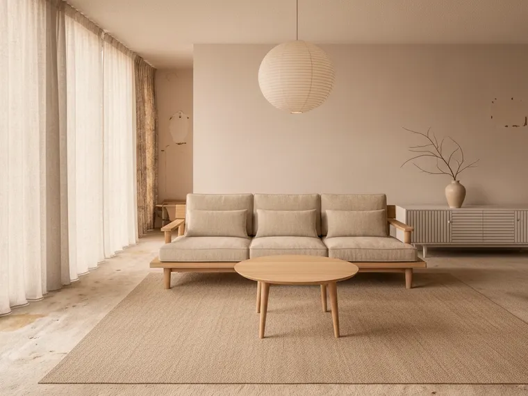 Japandi living room idea: low oak platform sofa in oatmeal linen with a paper lantern pendant and a single branch in a stoneware vase