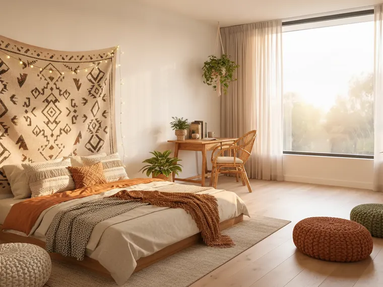 Boho dorm room design idea: low bed with cream and rust bedding, tapestry above, fairy lights, floor cushions, rattan chair and plants