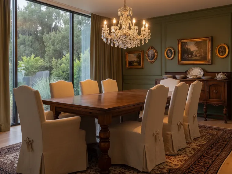 Dining room idea: sage green wall panelling with a crystal chandelier