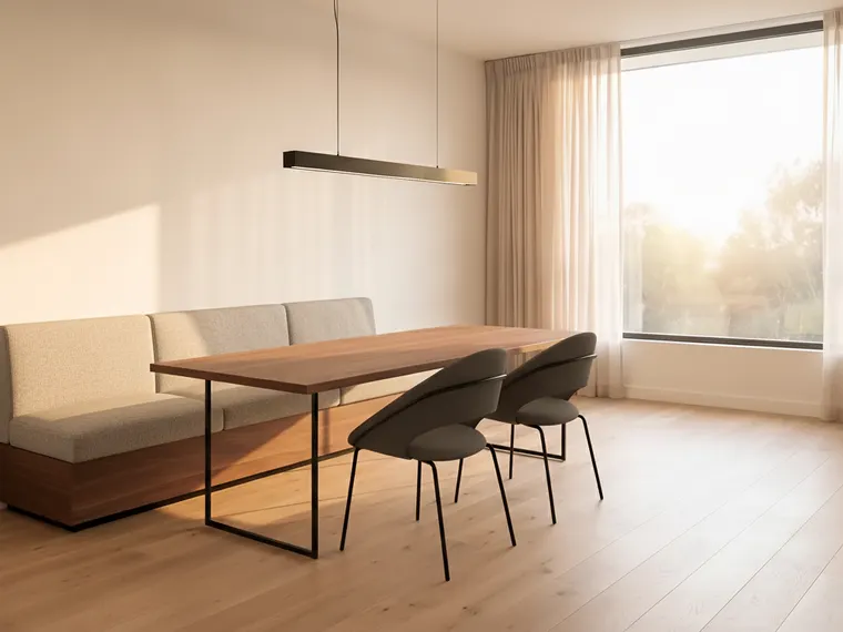 Modern dining room idea with a built-in upholstered banquette bench along the wall, walnut table, black chairs and a linear pendant