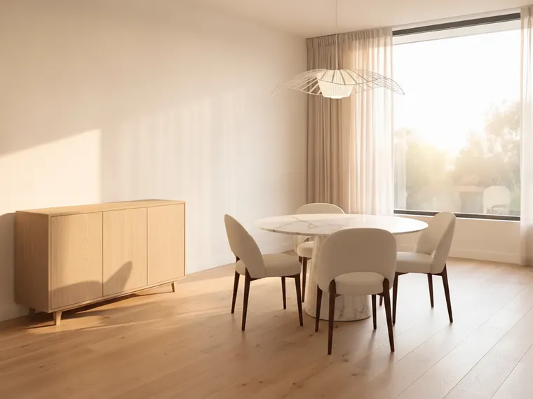 Modern dining room idea for a small room: round white marble table, four curved cream boucle chairs, a sculptural white pendant and an oak sideboard