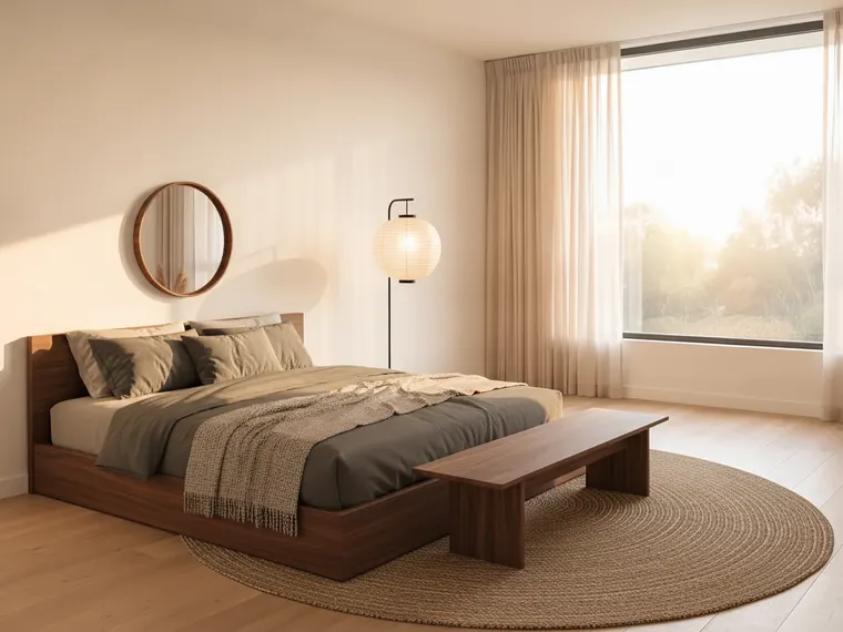 Japandi bedroom idea: low walnut platform bed with charcoal linen bedding, a walnut bench, a round mirror and a paper floor lamp