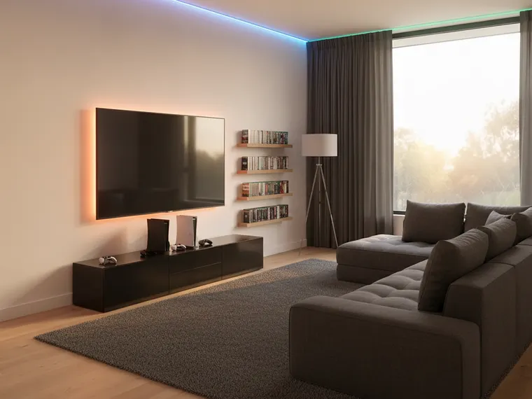 Gaming lounge idea: wall-mounted TV with a warm LED backlight, a low black media console with consoles, a charcoal sectional and a rainbow strip at the ceiling