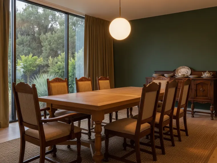Modern dining room idea with a deep green accent wall, light oak table, white globe pendant and jute rug