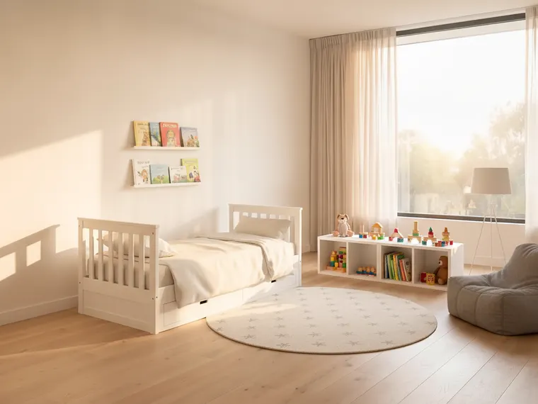 Bedroom idea: children’s bedroom with a slatted headboard and low toy shelving