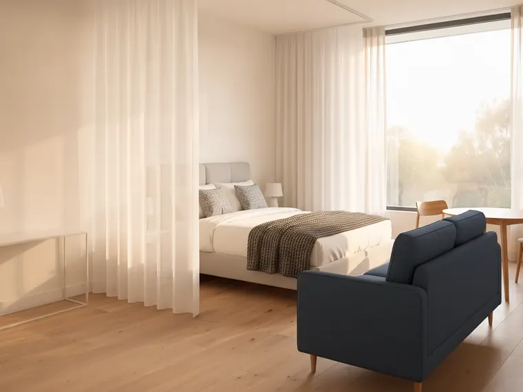Studio apartment layout idea for renters: a double bed by the window behind a floor-to-ceiling sheer white curtain on a ceiling track, a navy two-seat sofa, a small round dining table with two chairs and a slim console with a lamp