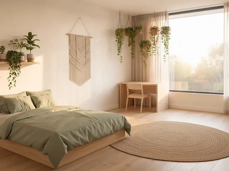 Plant-filled dorm room design: bed with sage green bedding, light wood desk under the window, hanging plants, macrame wall hanging and jute rug