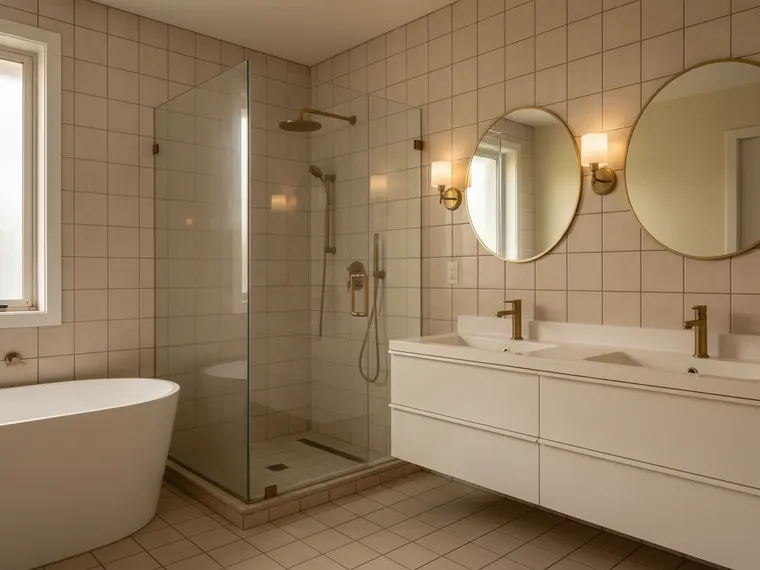 Spa master bathroom idea: freestanding white oval tub, frameless glass walk-in shower, floating white double vanity, two round brass mirrors and brass sconces