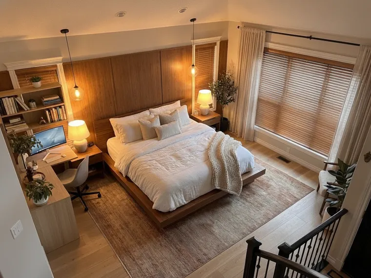 Student bedroom idea: wooden dresser replaced with a compact desk, chair, monitor and bookshelf above, bed and pendant lights kept