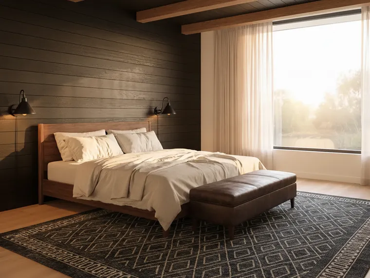 Moody barndominium bedroom idea: black shiplap wall, dark stained beams, walnut bed with cream linen, leather bench and black iron sconces