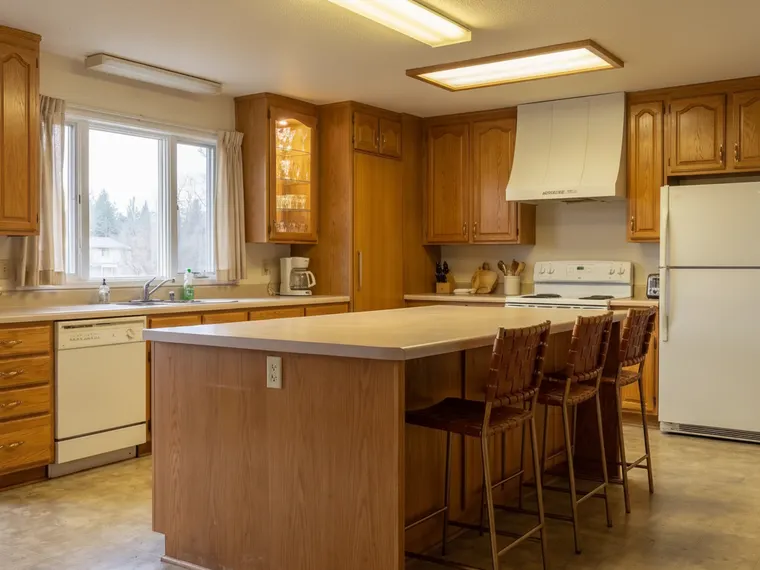 Corner kitchen cabinet idea: upper corner cabinet replaced with a glass-front oak cabinet, lit inside, holding glassware