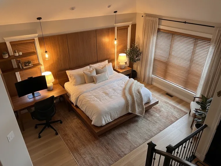 Bedroom office idea: wooden dresser replaced with a walnut desk, ergonomic chair, monitor and floating shelves, bed and pendant lights kept
