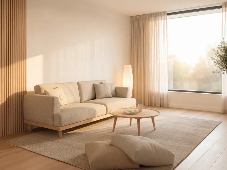 Japandi sitting room idea: low oatmeal linen sofa on oak legs, a round oak coffee table, floor cushions and a vertical oak slat wall panel